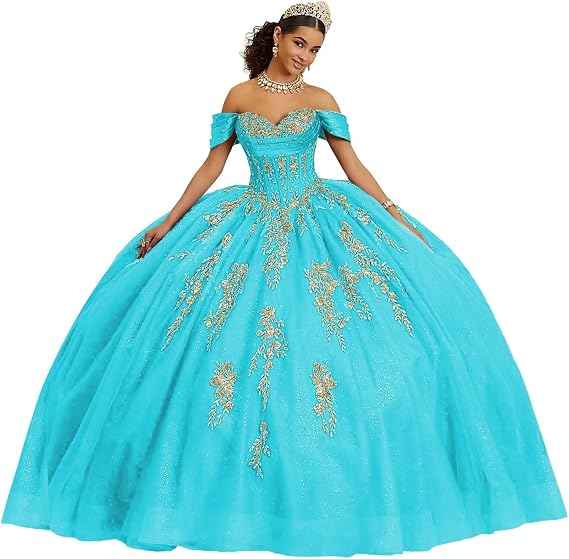 Gold Applique Quinceanera Dresses Off Shoulder 15 Dresses | Glitter Tulle Ball Gown, Lace Beaded Quince Dresses with Bow, Sweetheart Vestidos de Quinceanera, Quinceanera Parties