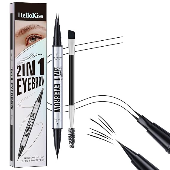 Eyebrow Pen,2-in-1 Dual-Ended Eye Brow Pencil with 2-Fork-Tip and Precise Brush-Tip, Microblading Eyebrow Pen for Waterproof Long Lasting Natural Hair-Like Brows (Black)