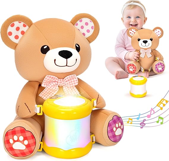 V-Opitos Baby Toys 6-12 Months, Stuffed Bear with Light Up Musical Drum