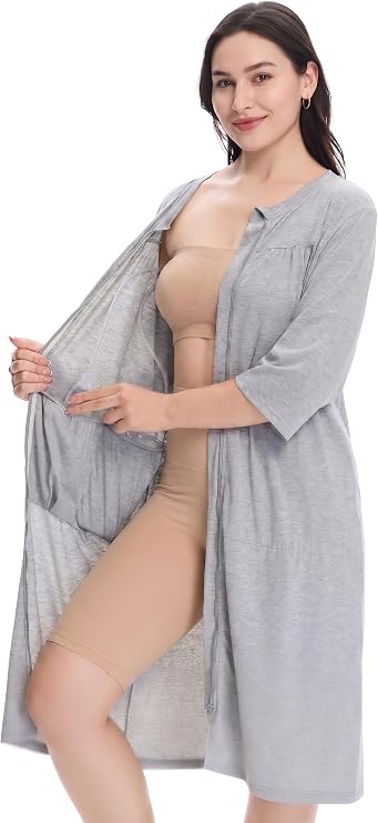 Women's Post Surgery Robe with Drain Pockets Mastectomy Recovery Robe Front Zipper Hospital Gown Pajamas Gift