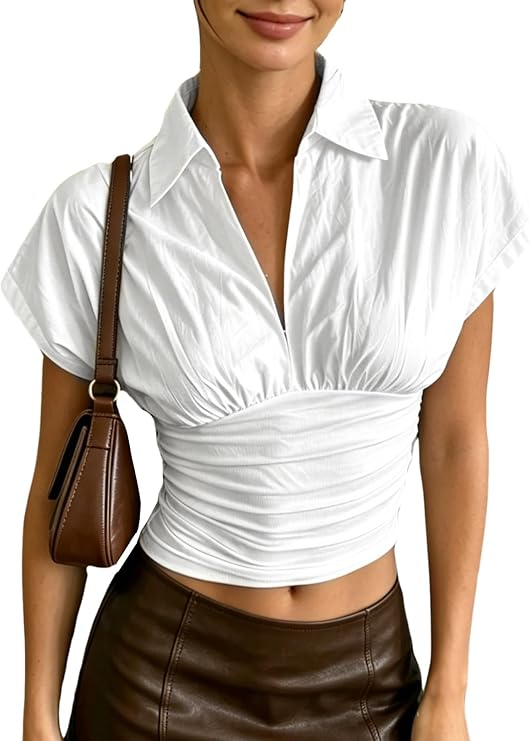 Women's Collar V Neck Ruched Crop Blouse Short Sleeve Crop Shirt Top