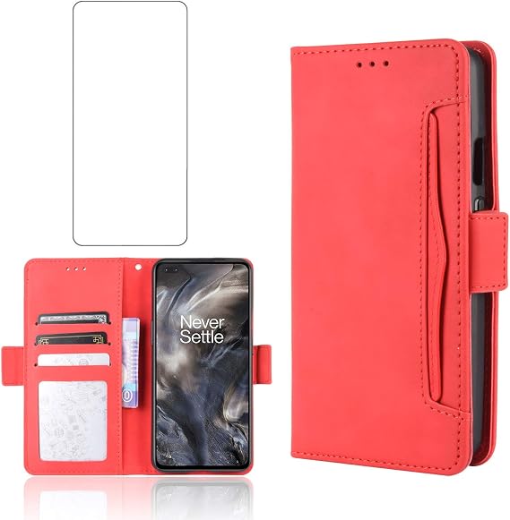 Phone Case for Oneplus Nord /5G With Tempered Glass Screen Protector Card Holder Slot Stand Kickstand Shockproof Protective Wallet Purse Leather oneplusnord 1 plus 1plus one+ one + 1+ one+ Red