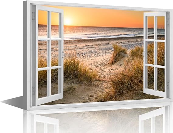TISHIRON Framed Wall Art Seascape Wall Pictures for Living Room 3D Fake Windows Canvas Paintings House Decoration Beach Bedroom Decor Modern Artwork for Office Ready to Hang - 36x24in