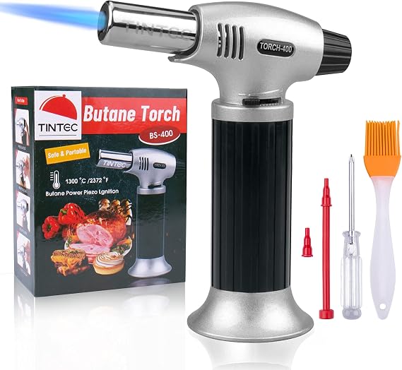 Culinary Blow Torch, Tintec Chef Cooking Torch Lighter, Butane Refillable, Flame Adjustable (MAX 2500F) with Safety Lock for Cooking, BBQ, Baking, Brulee, Creme, DIY Soldering & more (Aluminum alloy)