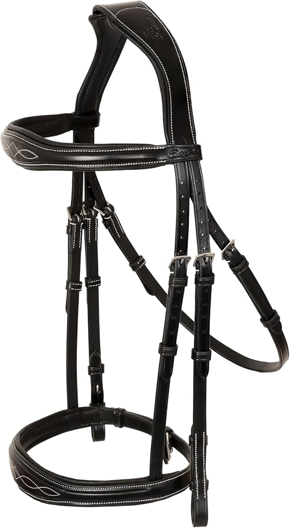 Exion Hunter Anatomic English Bridle Padded Fancy Stitched Leather Bridle with Rubber Reins Ergonomic Poll Relief Crownpiece for Show Jumping & Eventing Stainless Steel Havana Brown