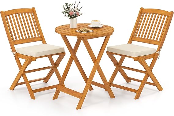 HAPPYGRILL 3 Pieces Patio Bistro Set Table & Chair with Cushions Foldable Wooden Furniture Chairs and Coffee Table for Outdoor Balcony Garden Backyard
