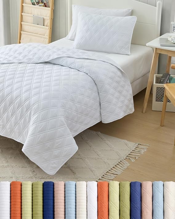 Quilt Set Twin Size - Boho Bed Set, Diamond Stitch - White, 68" x 86"