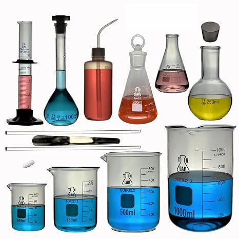 TN LAB Glassware 15-Piece Chemistry Laboratory Glass Super Set with Borosilicate Beakers, Erlenmeyer Flask, Florence Flask, Volumetric Flask, and Graduated Cylinder