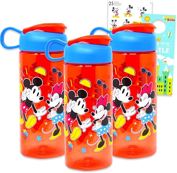 Mickey and Minnie Mouse Water Bottle Party Favor Set Bundle with 3 Disney Sports Drinking Bottles, Stickers, More | Drinking Cups Party Supplies