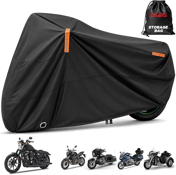 Motorcycle Cover Waterproof Outdoor Heavy Duty All-Weather UV Protection with Reflective Strips & Lock Holes,Storage Bag,Sport,Fits Most Cruiser,Touring,Street,Dirt Bike (Length up to 86.6")