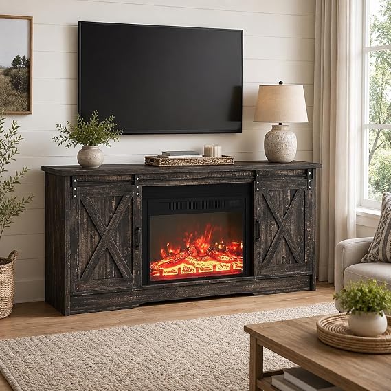 4 EVER WINNER 59" Farmhouse Entertainment Center, Fits 23" Electric Fireplace, TV Console Table with Adjustable Shelf & Sliding Barn Door, for Living Room, No Electric Fireplace, Dark Brown
