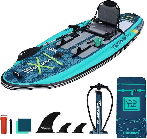 TIGERXBANG 11'x47''x8'' Inflatable Fishing Kayak, High-Performance Inflatable Kayak-Ideal for Water Fishing Activities, Equipped with Comfortable Seats and Camera Base Versatile Accessories
