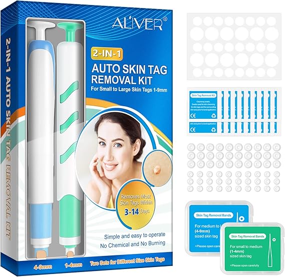Skin Tag Removal - 2 in 1 Auto Skin Tag Removal Kit, Safe and Effective Wart Remover Pen Kit with 60 Micro and Regular Skin Tag Bands for Small to Large Skin Tags(1-9mm)