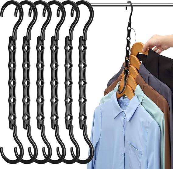 Eupako 6 Pack Space Saving Hangers, Black Closet Organizers and Storage | Sturdy Magic Hangers, Multi-Functional, Reusable Hangers for Heavy Clothes, Dorm Room Essentials