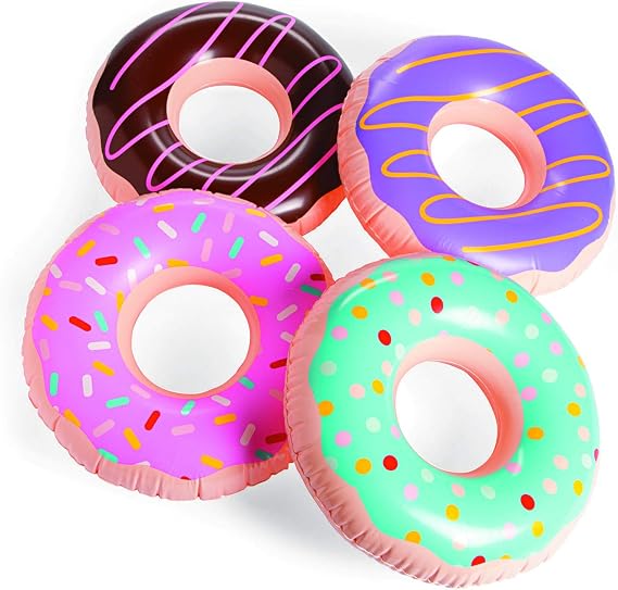 Inflatable Donuts (4 Pieces) Donut Party and Pool Party Decorations, 15" Wide, Birthday Party Supplies