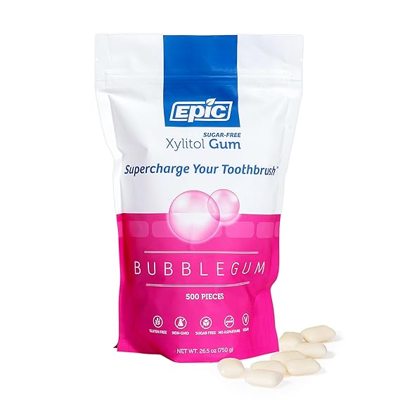 Epic Xylitol Bubblegum Gum, 500 Pieces | 1.06g xylitol per piece; aspartame free; non-GMO; vegan; supports dry mouth relief; for use after meals, coffee, or snacks