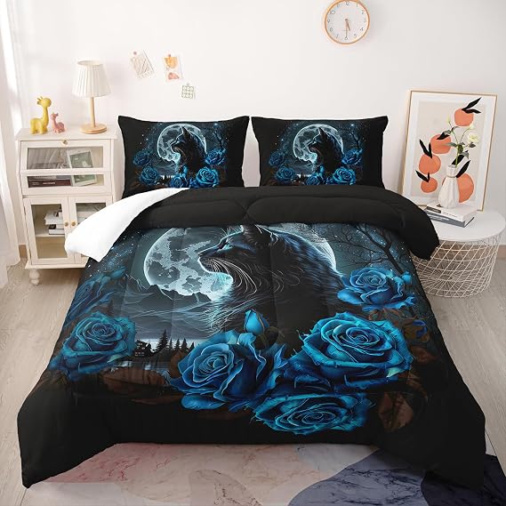 Nttopship Black Cat Bedding Comforter Set for Kids Teens and Adults Moon Rose Cat Printed Quilt Set for Bedroom 100% Soft Microfiber All Season Print Quilt Set with 1 Comforter and 2 Pillow Case