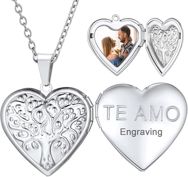 U7 Women Locket Necklace, Heart Photo Lockets Hold Picture, Gift Box Packed