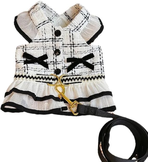 Elegant Tweed-Inspired Pet Harness Dress Summer Outfit with Leash Ring for Small Dogs and Cats