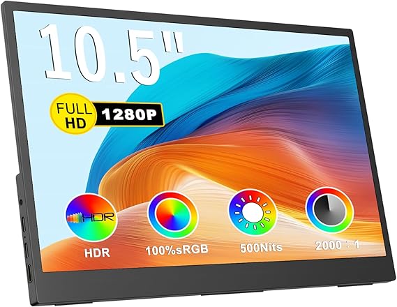 Topmonitor Small Portable Monitor 10.5" 500 Nits 2000:1 FHD 1280P IPS Screen, Ultra-Slim Mini Monitor w/Kickstand & Dual Speaker, USB C HDMI HDR Portable Gaming Monitor, Travel Monitors for Laptop PCs