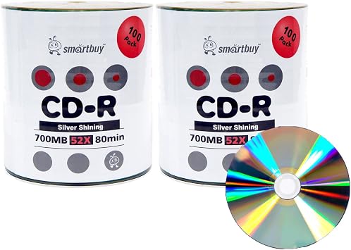 Smartbuy Shiny Silver Top CD-R 200 Pack 700mb 52x Blank Recordable Discs, 200 Disc, 200pk