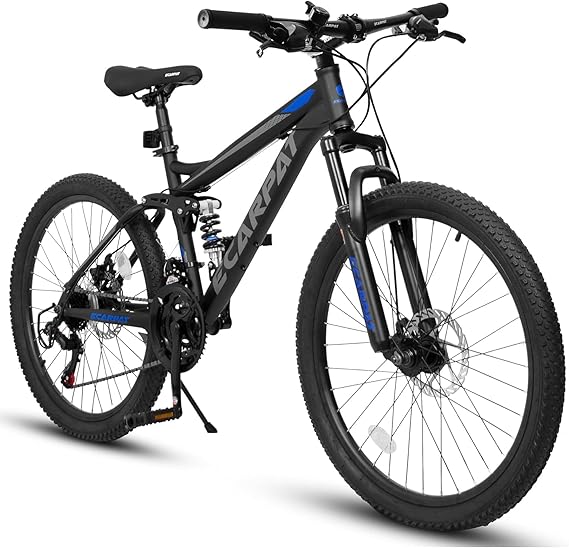 Ecarpat Mountain Bike 24 26 Inch, Dual Full Suspension Mens Womens Bike, 21 Speeds Dual Disc Brake Carbon Steel Bike, Boys Mens Mountain Bike for School Work Summer Camping