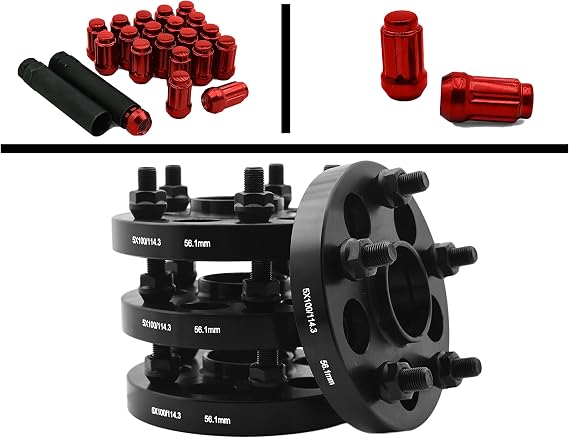 4 Pc 17mm 5x100 to 5x114.3 Conversion Hub Centric Adapter Kit 56.1mm Bore + (20) Red M12x1.25 Duplex Spline Locking Lug Nuts Includes 2 Security Sockets | Compatible with Subaru