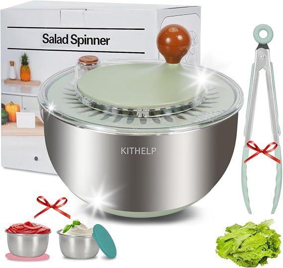 KITHELP Stainless Steel Salad Spinner Large, Vegetables Fruits Wash Bowl with Strainer, Lettuce Spinner Dryer for Efficient Salad Preparation 5.3Qt