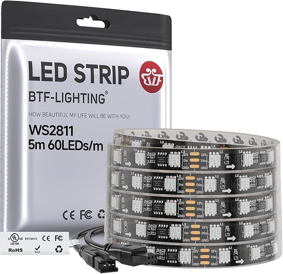 BTF-LIGHTING WS2811 IC=RGB+IC Addressable Color RGB LED Strip,16.4FT 60LED/m 20Pixels/m,IP67 Black PCB,UL Listed,Flexible DC12V Chasing Effect for Indoor Home Decor(No Adapter or Controller)