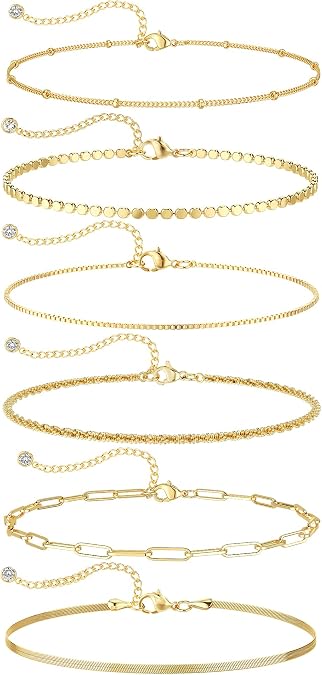 DEARMAY 6PCS Gold&Silver Bracelets Set for Women Dainty, Stackable Sterling Silver Plated Beaded Figaro Herringbone Paperclip Chain Waterproof, Layered Bracelets Set Gifts for Women Mom Her