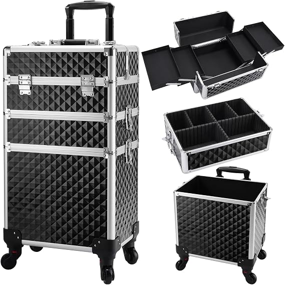 3 in 1 Hairdressing Trolley On Wheels Beauty Trolley Makeup Trolley Case On Wheels Make Up Rolling Box Vanity Suitcase Nail Technician Make Up Case, Black