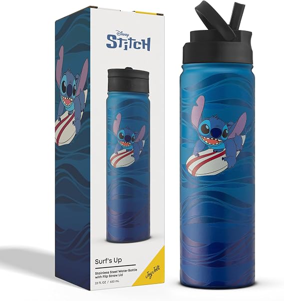 JoyJolt Disney Stitch Surf's Up Stainless Steel Water Bottle with Flip Straw Lid, 22 oz Vacuum Insulated Water Bottle, BPA-Free Tumbler for School Gym Sports and Travel, Stitch Gifts
