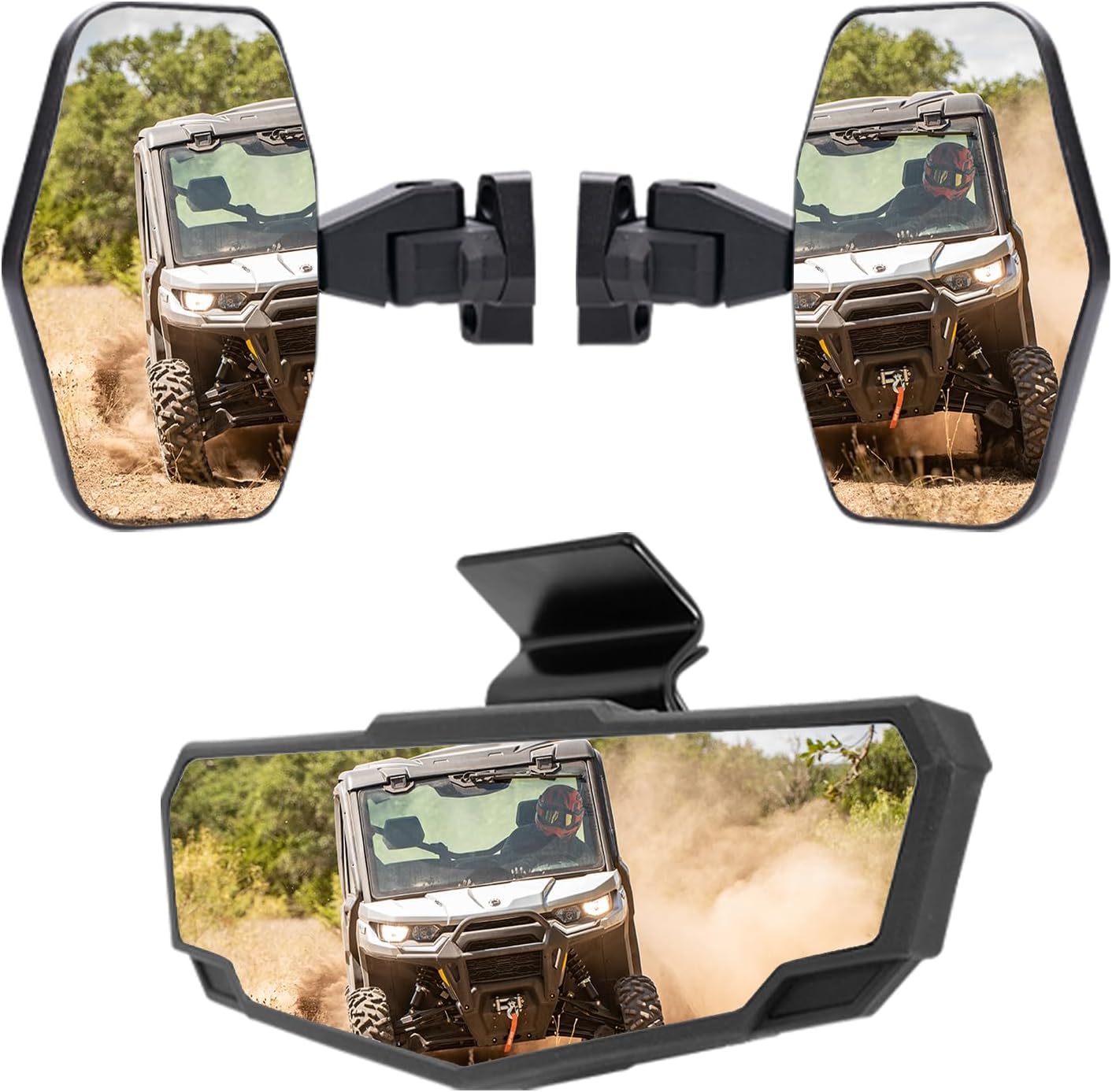 AUPOWER Rear View Mirror&Side Mirrors Kit for Can Am Defender Max HD7 HD8 HD9 Pro HD10 2016-2025, Adjustable Convex Breakaway Rearview Mirrors Accessories, Replace OEM #715002459, NOT FOR Full Doors
