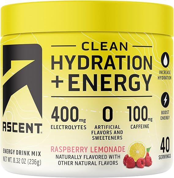 Ascent Hydration + Energy Electrolytes, Raspberry Lemonade, 40 Servings