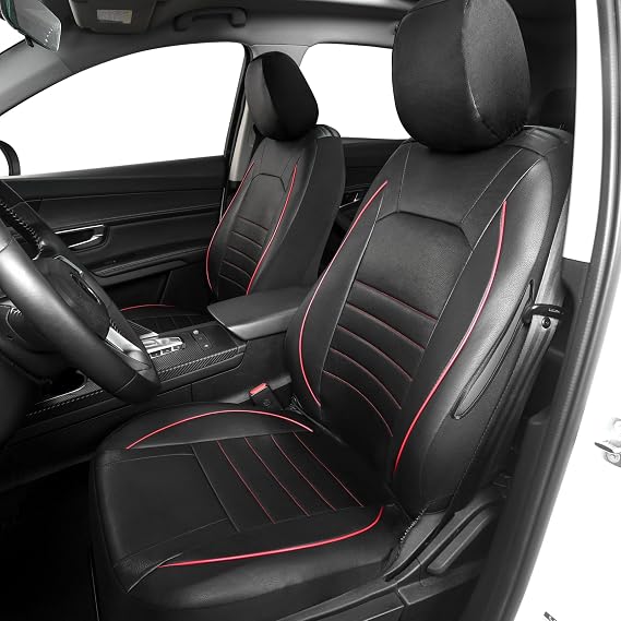 AUTOYOUTH Universal Front Car Seat Covers, Waterproof PU Leather, Red/Black, Airbag Compatible, Pair, for SUV, Van, Saloon