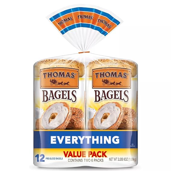Gourmet Kitchn Thomas' Everything Soft and Chewy 12 Pre Sliced Bagels, Value Pack - 1 Box (18oz / 2pk, 12 Ct.), Total 12 Bagels
