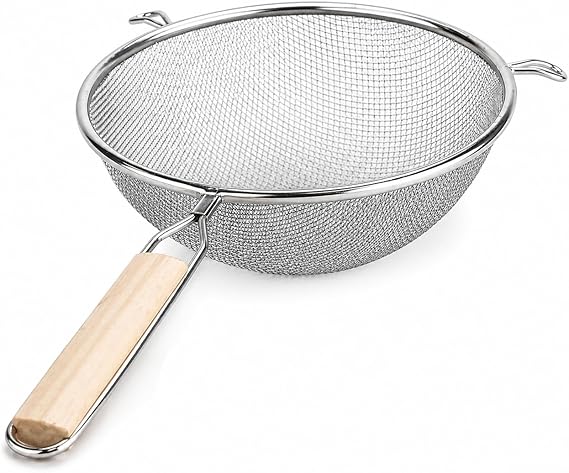 Huji 8-Inch Stainless Steel Double Mesh Food Strainer Colander - Fine Sieve Sifter with Wooden Handle for Kitchen Cooking, Pasta, Rice, Noodles, and More