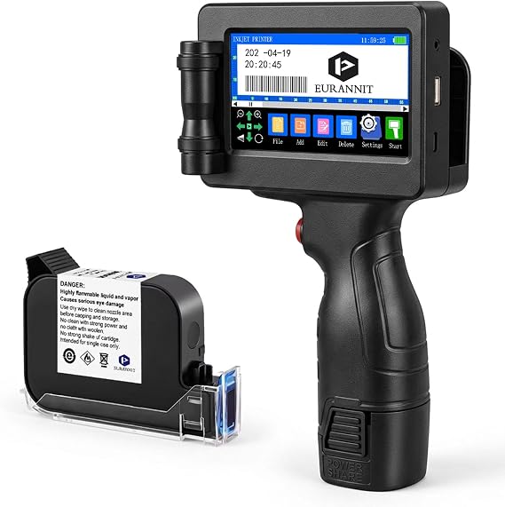 Handheld Inkjet Printer E55 with W6900K Fast-Drying Ink Cartridge, Portable Handheld Printer Gun 0.5 Inch Nozzle for Serial Numbers Logo DIY QRCode barcodes, Print on Carton Plastic Metal
