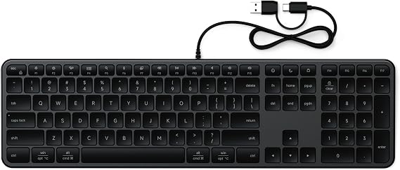 Satechi Slim LX3 Wired Keyboard, Cross-Platform OS Switching, Space Black | Full-size layout, USB-C or USB-A connectivity, for Mac and PC setups
