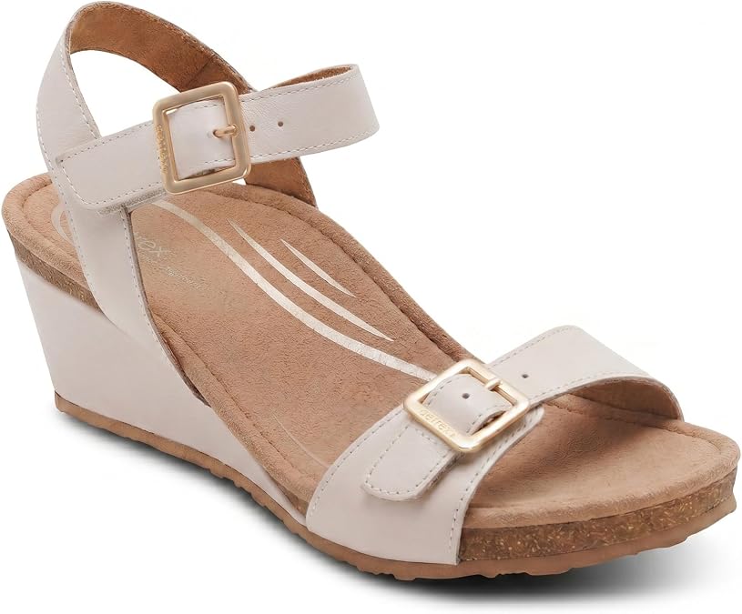 Aetrex Women Naomi Orthopedic Wedge Sandal with Arch Support - Adjustable Leather Wedge Heels Cushioned Footbed Pain Relief Comfort Walking Shoes Off White Stable Fit