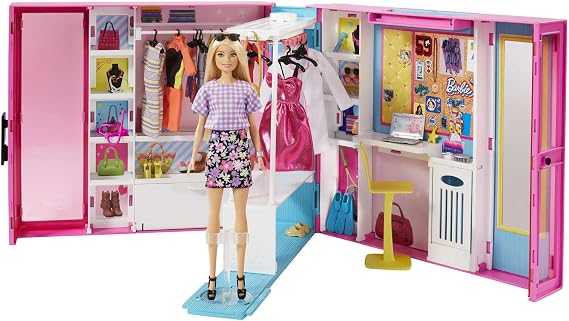 Barbie Dream Closet &amp; Blonde Barbie Doll - Expanding Closet with Rotating Clothes Rack - Includes 25+ Pieces - 4 Outfits - 2' Wide - Gift for Kids 3+