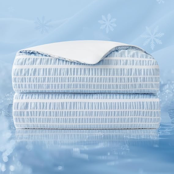 Cozy Bliss Cationic Dyed Seersucker Cooling Comforter Queen Size, Lightweight Airflow Silky Cooling Bedding with Q-Max>0.45 for Bedroom, Home Decor, Hot Sleepers & Night Sweats, Blue 90"x90"