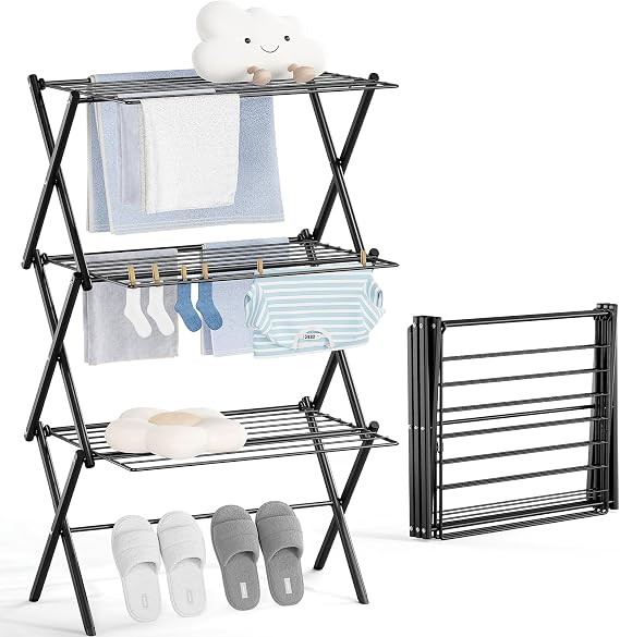 KINGBOARD Clothes Airer 3 Tier Foldable Clothes Drying Rack Black | Indoor Outdoor Laundry Drying Rack, Collapsible Space-Saving Drying Rack for Clothes