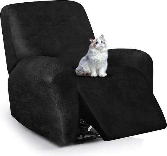 ANARACHON Leather Look Recliner Chair Covers, 4-Pieces Stretch Recliner Cover, Soft Reclining Chair Slipcover, Washable Furniture Protector for Large Lazy Boy Recliner (1 XL Seater, Black)