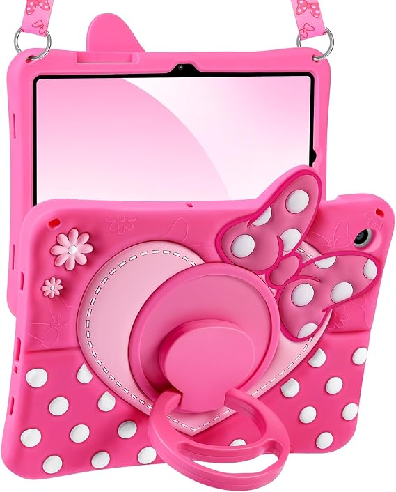 Boaretiu Case for Samsung Galaxy Tab A9 Plus 11 (SM-X210/X216/X218) | Cute Cartoon Design, Soft 3D Silicone Cover, Rotating Stand Strap, Girly Style, Teens Girls , Bow Heart
