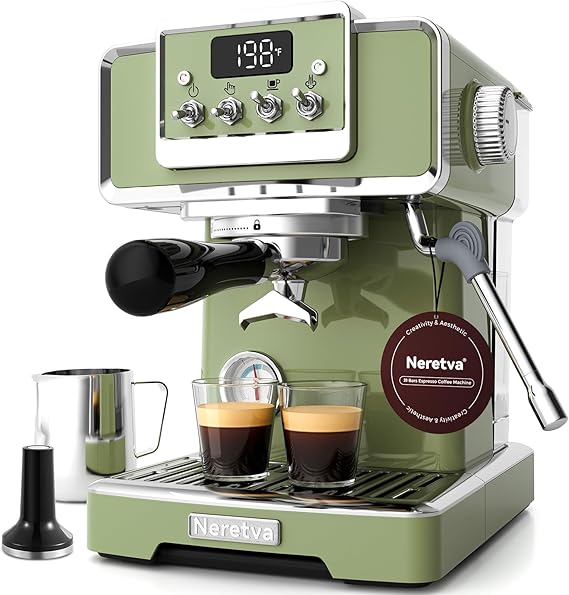 Neretva Professional Retro Espresso Machine with 58mm Portafilter, Green | Visible Pressure Gauge, Powerful Steam Wand, 15 Bar Stainless Steel Espresso Maker for home baristas to make latte cappuccino