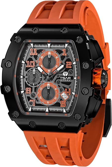 TSAR BOMBA Automatic Watches for Men,50M Waterproof Men's Watch,Luxury Mechanical Skeleton Analog Watch,Silicone Watch Bands Black Watch,Gifts for Men Business Casual