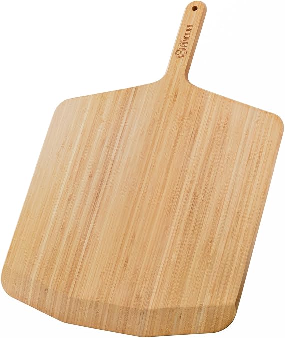 Chef Pomodoro Wooden Pizza Peel 16 Inch, Bamboo Paddle & Cutting Board | Long Handle Wood Pizza Spatula for Launching & Serving; Tapered Edge Slides Under Dough; Doubles as Bread & Cheese Board