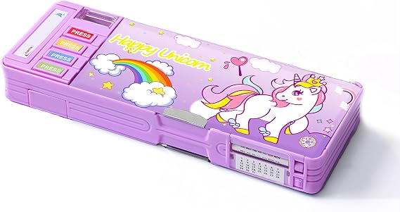 Pop Up Multifunction Pencil Case with Pencil and Eraser, Cute Cartoon Pen Box Organizer Stationery, Sharpener, Schedule, Best Birthday Gifts for Kids Teens(Purple Unicorn)