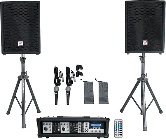 Rockville 10" Speakers + Mixer + Stands + Mics with Bluetooth for Church Sound Systems